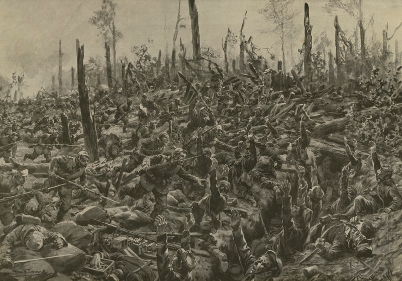 1915 年 7 月 5 日の砲撃後のボア ル プレトルのフランスのブロックハウスと塹壕に対するドイツの攻撃 (リソ) 作： ハンスW.（後）シュミット
