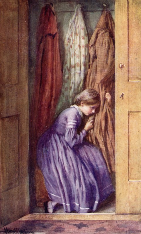 彼女はある親愛なる古いガウンのひだに顔を隠し、小さなうめき声をしました 作： ハロルド・コッピング