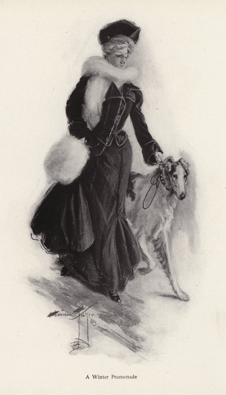 冬にラフコリー犬を散歩させる女性（リトグラフ 作： ハリソン・フィッシャー