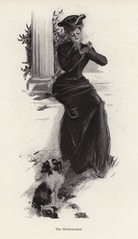 乗馬に行くのを待つ若い女性と犬（リトグラフ 作： ハリソン・フィッシャー