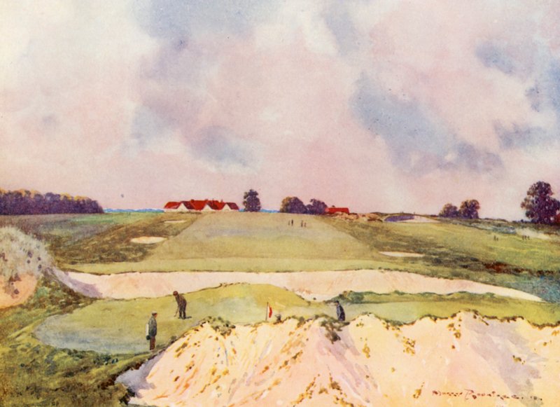 ゴルフコース：サンディ・ロッジ、1番グリーン、クラブハウス方向（カラーリトグラフ） 作： ハリー (1878-1950) ラウンツリー