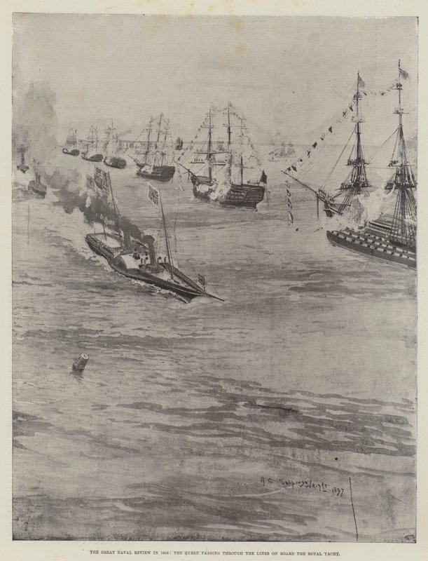 1856年の偉大な海軍のレビュー、女王はロイヤルヨットの線上を通過 作： ヘンリー・チャールズ・セッピングス・ライト