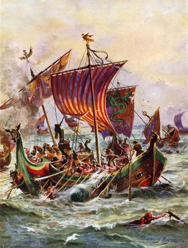 バイキングのドラゴン船を攻撃するアルフレッド王のガレー船（897年）（カラーリトグラフ 作： ヘンリー・ペイン
