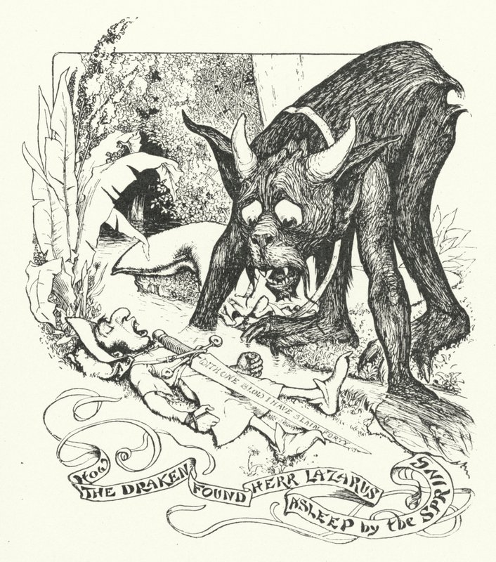 ラザロ氏が泉のほとりで眠っているのをドラケンが見つけた話（版画 作： ヘンリージャスティスフォード