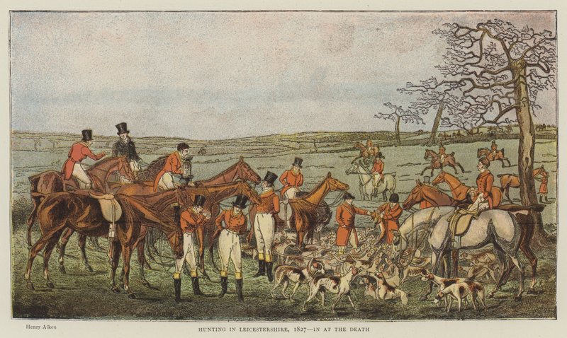 1827年のレスターシャーでの狩猟（クロモリト） 作： ヘンリー・トーマス・アルケン