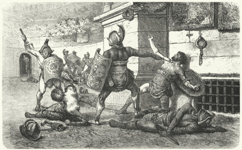 古代ローマのアリーナで戦う剣闘士 作： ハーマン・フォーゲル