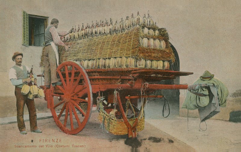 カート、フィレンツェにワインのボトルをロードします。 1913年に送られたはがき。 作： イタリアの写真家
