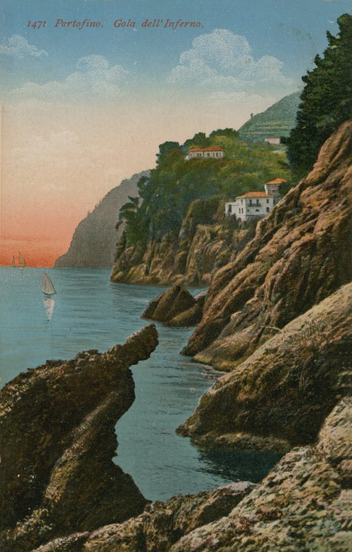 イタリア、ポルトフィーノ。地獄の峡谷。 1913年に送られたはがき。 作： イタリアの写真家