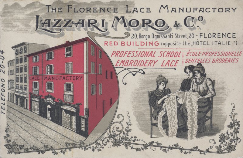 イタリア・フィレンツェのLazzari Moro & Coのレースの広告（カラーリトグラフ 作： イタリア語学校