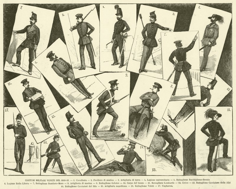 1848-49年のヴェネツィアの軍服（エングレービング 作： イタリア語学校