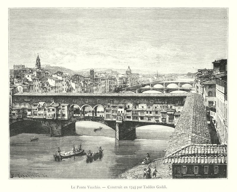Taddeo Gaddiによって1345年に建設されたヴェッキオ橋(彫刻) 作： イタリア語学校
