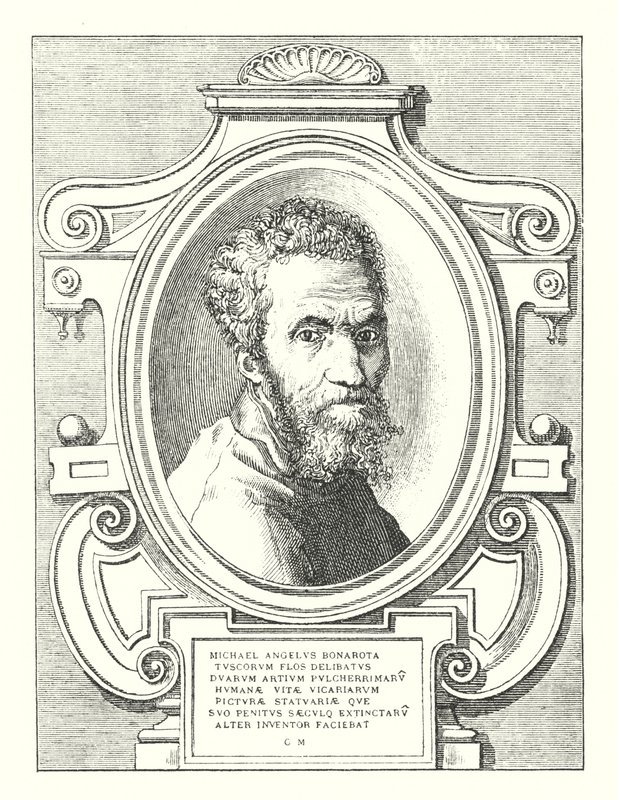 Michael Angelus Bonarota Tuscorum Flos Delibatus Duarum Artium Pulcherrimaru Humanae Vitae Vicariarum Picturae Statuariae Que Suo Penitus Saeculq Extinctaru Alter Inventor Faciebat (e.g. engraving) 作： イタリア語学校