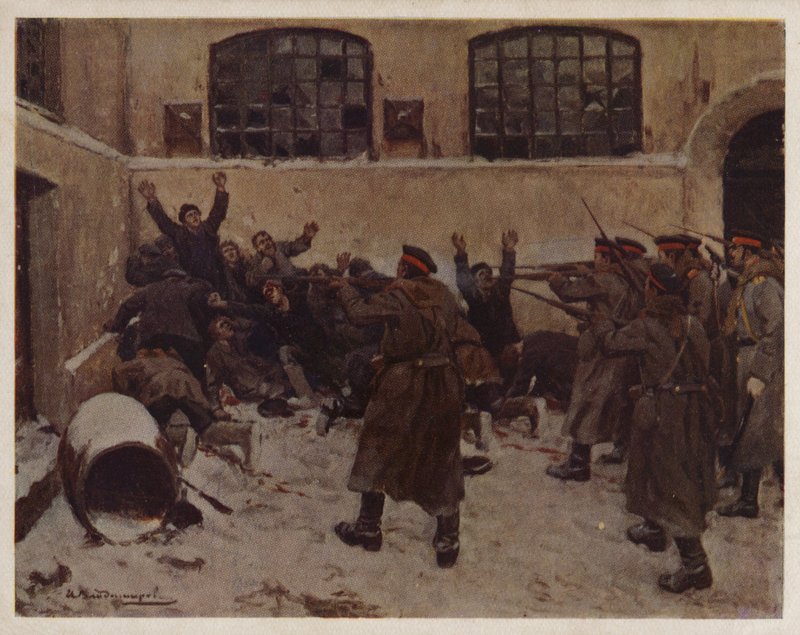 1905年の革命の際、モスクワのプレスニャ地区でデモ参加者を撃つロシア兵（カラーリソ） 作： Ivan Alexeyevich（後）Vladimirov