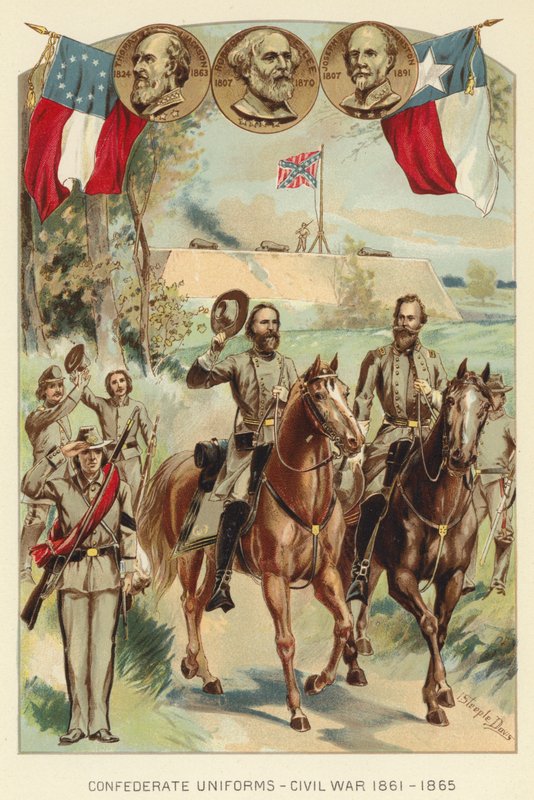 南部連合軍の軍服、南北戦争1861-1865年（カラーリトグラフ 作： J.（後）Steeple Davis