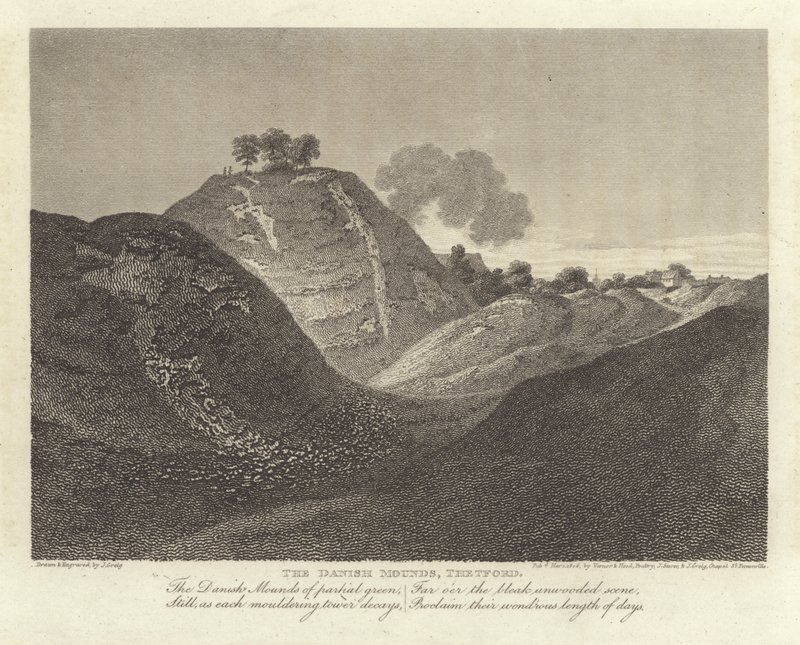 ロバート・ブルームフィールド（詩人）。The Danish Mounds, Thetford (e.g. engraving) 作： J・グレイグ