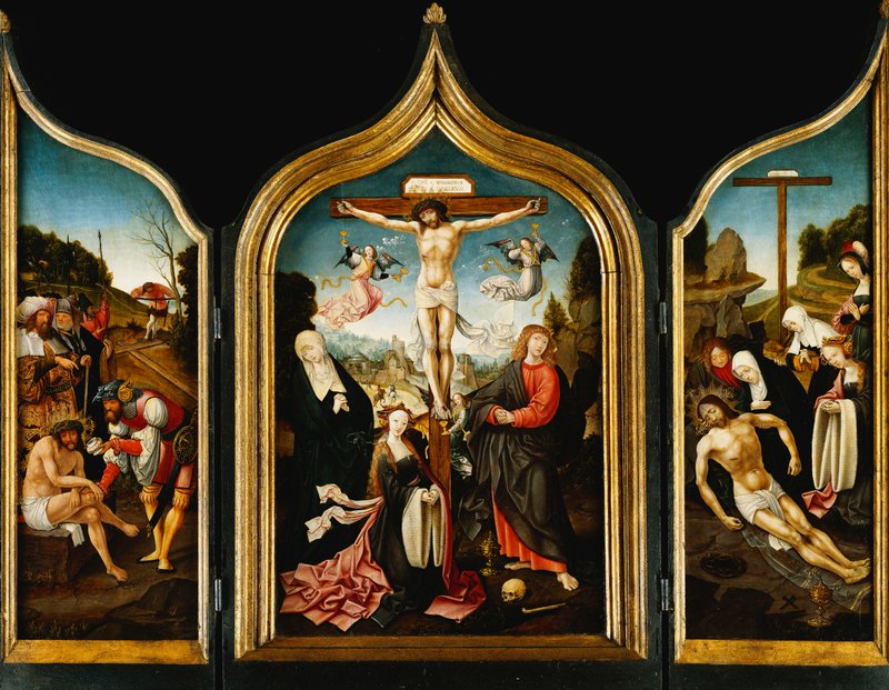 ANRI社製　木彫 三連祭壇 十字架のイエスキリスト、マリア様、聖ヨハネ Jacob_Cornelisz_van_Oostsanen_