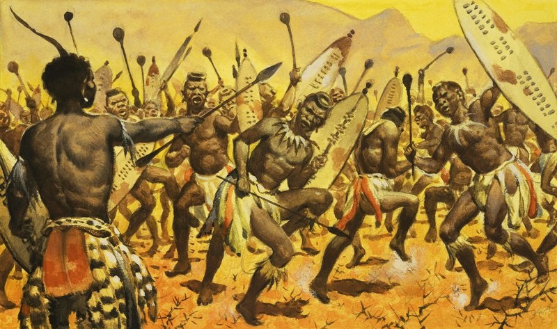 シャカに茨の上で踊らされるズールーの戦士たち 作： ジェームズ・エドウィン・マコーネル