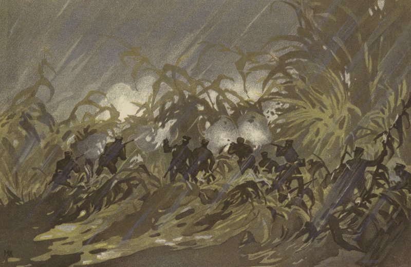 Jalkaväesotilamme taistelevat hirssipellolla lähellä Liao-yangia (chromolitho) 作： 日本語学校