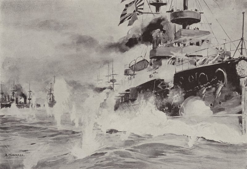 8月10日、旅順港沖でロシア戦隊と勇敢に戦うミカサ (litho) 作： 日本語学校