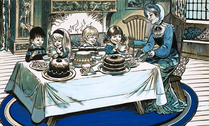 燃え盛る火の前でごちそうを食べる子供たちの正体不明のシーン 作： ヘスス・ブラスコ