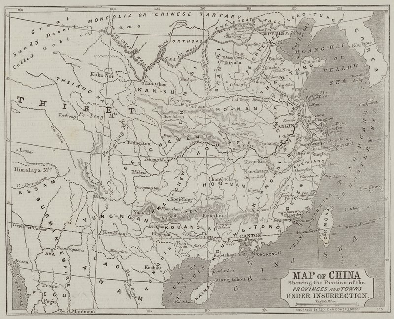 反乱下の地方と町の位置を示す中国の地図 作： ジョン・ダワー