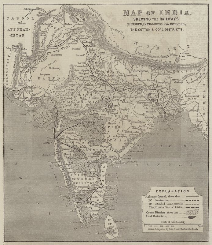 インドの地図、鉄道の刈り取りが終了し、進行中であり、綿花と石炭の地区 作： ジョン・ダワー