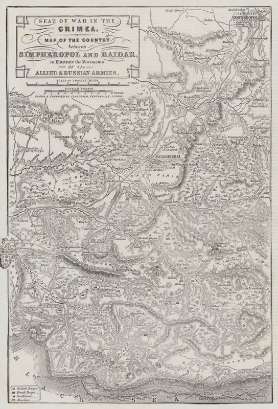 クリミアの戦争の席、連合軍とロシア軍の動きを説明するシンフェロポリとバイダーの間の国の地図 作： ジョン・ダワー