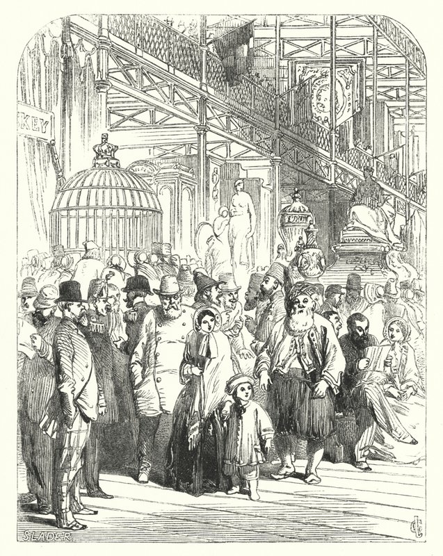 1851年に開催された万国博覧会の会場となったロンドンのハイドパークにあるクリスタル・パレスでの出展者と来場者の様子（エングレービング 作： ジョン（後）ギルバート