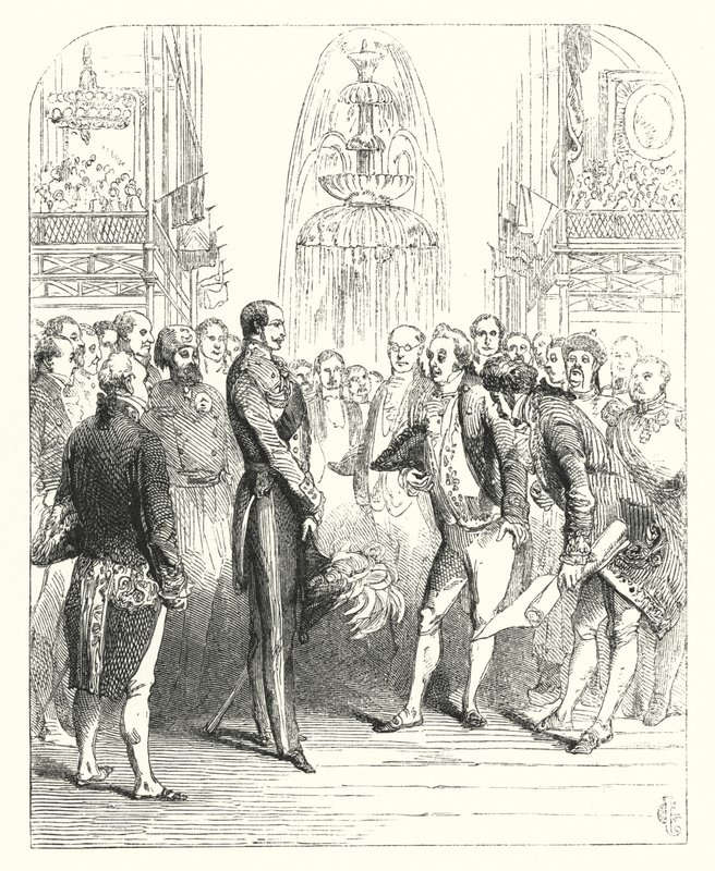 1851年の万国博覧会におけるアルバート王子と王室委員会の面々、ロンドンのハイドパークにあるクリスタルパレス（彫刻 作： ジョン（後）ギルバート