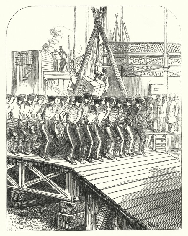 1851年に開催された万国博覧会の会場となったロンドンのハイドパークにあるクリスタルパレスの敷地で働く石工や鉱山労働者たち（エングレービング 作： ジョン（後）ギルバート