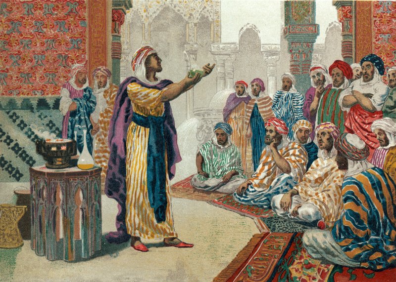 Jabir ibn Hayyanがエデサで化学を教える 作： JosepまたはJose Planella Coromina