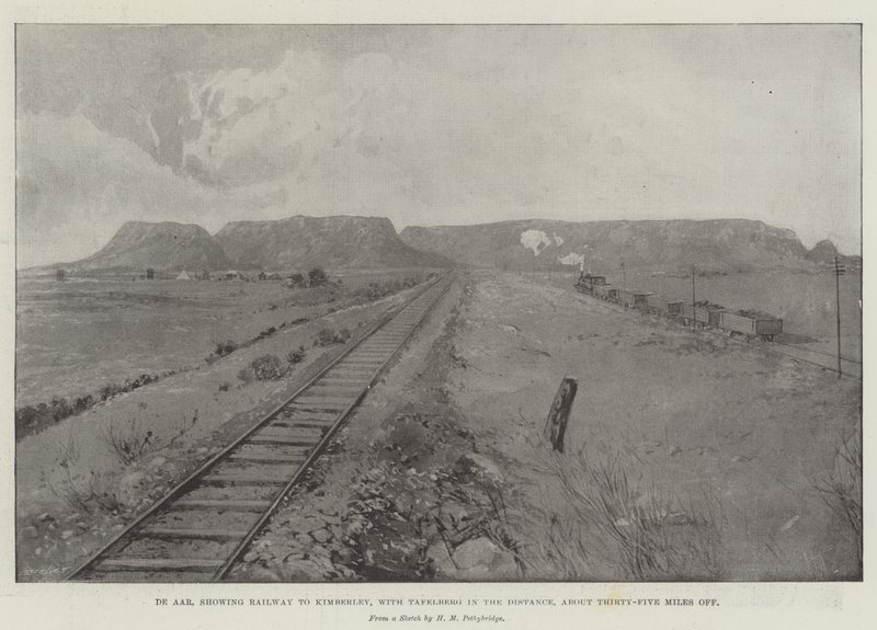 De Aar、約35マイル離れたTafelbergが遠くにあるKimberleyへの鉄道を示しています 作： ジョセフ・ホランド・トリンガム