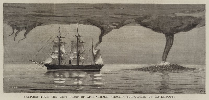 アフリカの西海岸からのスケッチ、Hatsoutoutsに囲まれたHMSボクサー 作： ジョセフ・ナッシュ