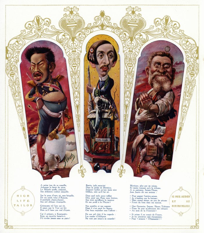 風刺画。明治天皇、モーリス・バール（フランスの作家・国粋主義政治家）、ジャン・ジョール（フランスの政治家）（カラーリトグラフ 作： ジョセフ・シラット