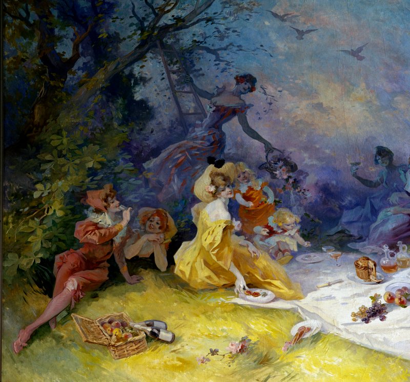 絵画原画（レースのひだに包まれて）　ヨーキーと少女の絵　レースのある室内風景画 芝生の上での朝食 田舎のピクニックの風景。詳細ジュール・シェレ