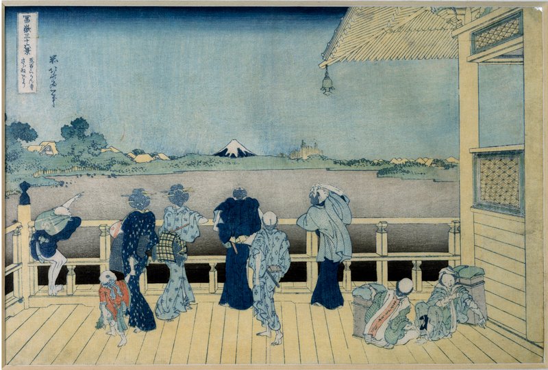 高床式住居から富士山を鑑賞する日本の富士山の眺め。葛飾北斎（1760