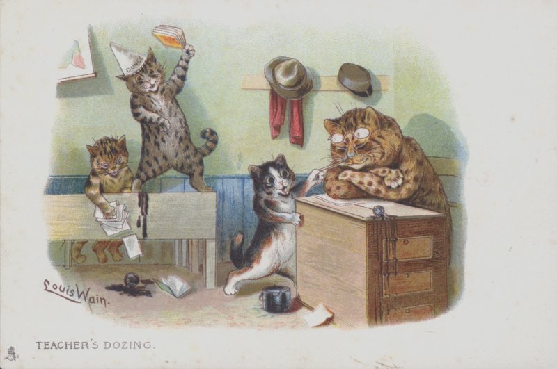 教室の中の猫：先生が居眠りしているので、生徒がいたずらをしている（クロモリソウ 作： ルイ（後）ウェイン