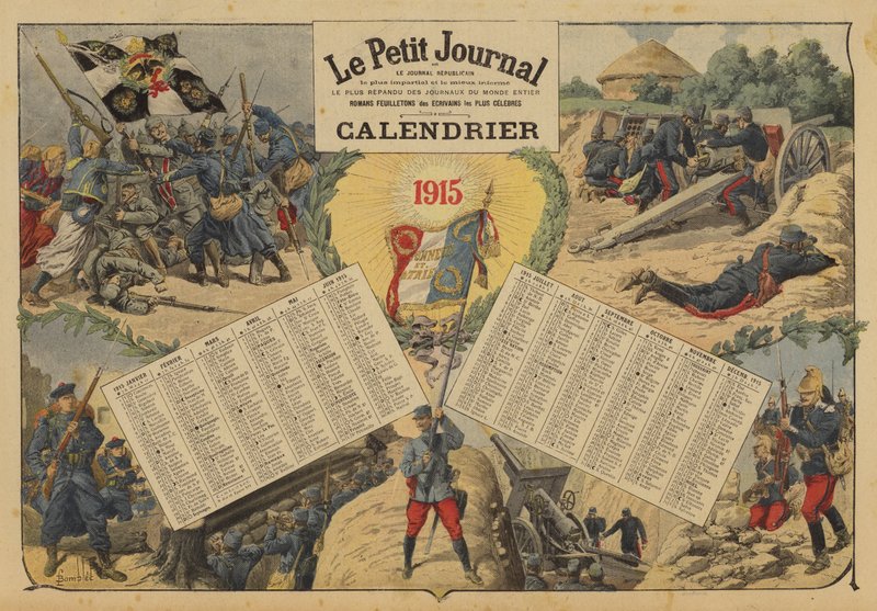 第一次世界大戦の戦場風景が描かれた1915年のカレンダー（カラーリトグラフ 作： ルイチャールズ（後）爆撃