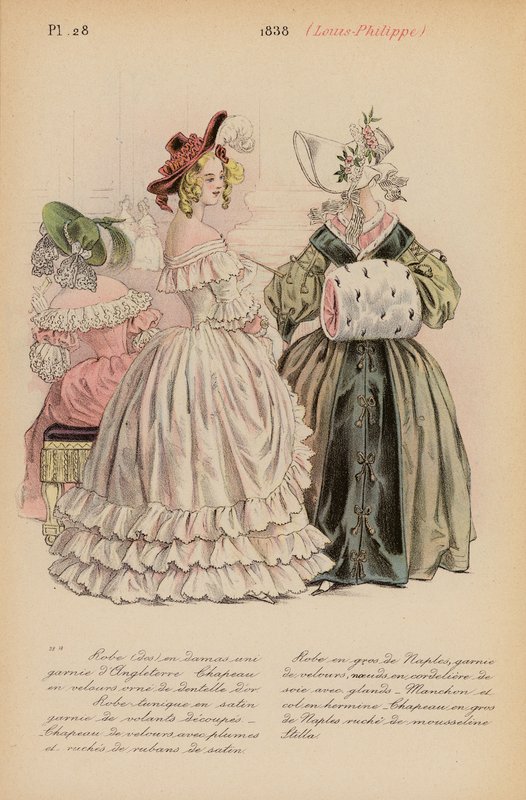 フランスのファッション：1838年、ルイ・フィリップ（カラーリトグラフ） 作： ルイス・コーラス