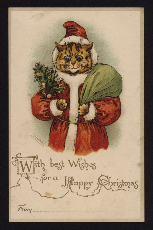 サンタクロースになった猫、クリスマス・グリーティング・カード（クロモリ写真 作： ルイス・ウェイン