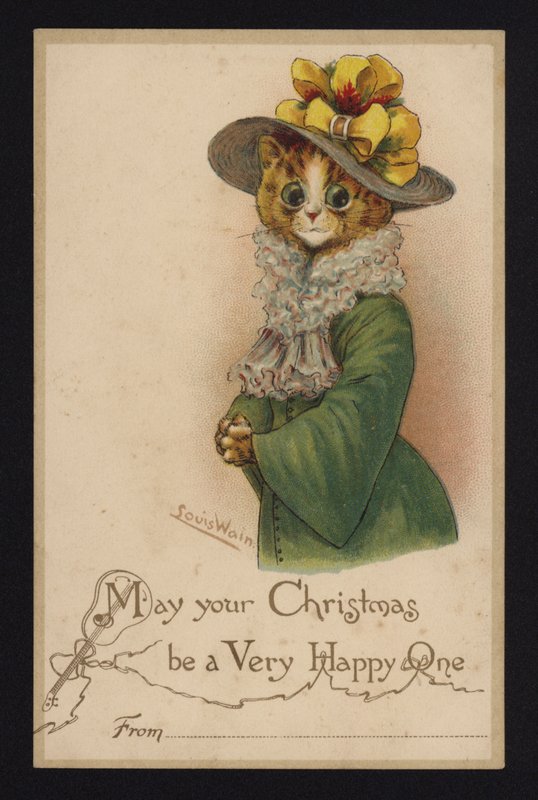 女性の帽子とコートを着た猫、クリスマス・グリーティング・カード（クロモリト 作： ルイス・ウェイン