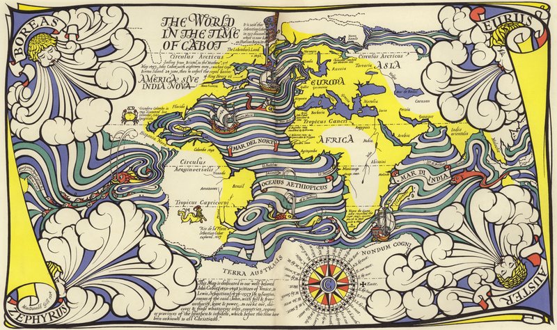 航海士ジョン・カボットとセバスチャン・カボットの時代の世界地図（カラーリトグラフ 作： マクドナルドギル