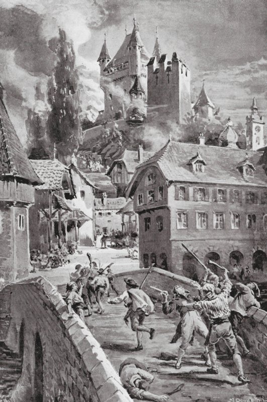 1804年のヴァーデンシュヴィル城の焼失（リトグラフ） 作： マーガレット（後）ドヴァストン