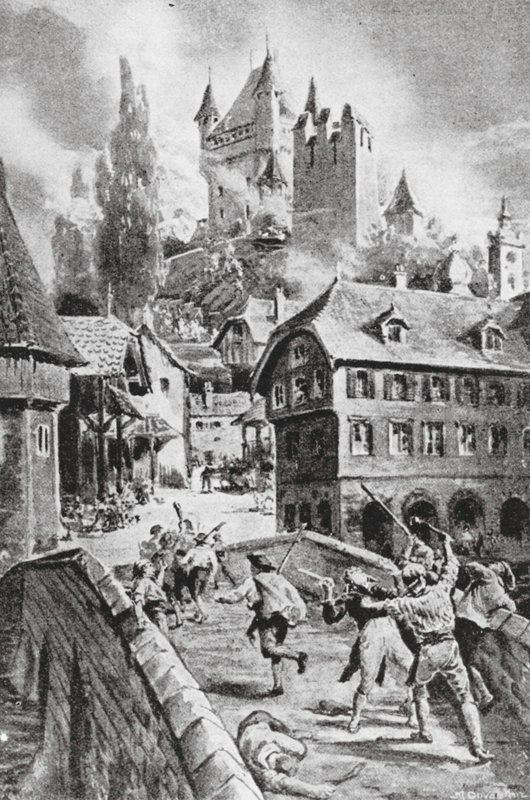 1804年のヴァーデンシュヴィル城の焼失（リトグラフ） 作： マーガレット（後）ドヴァストン