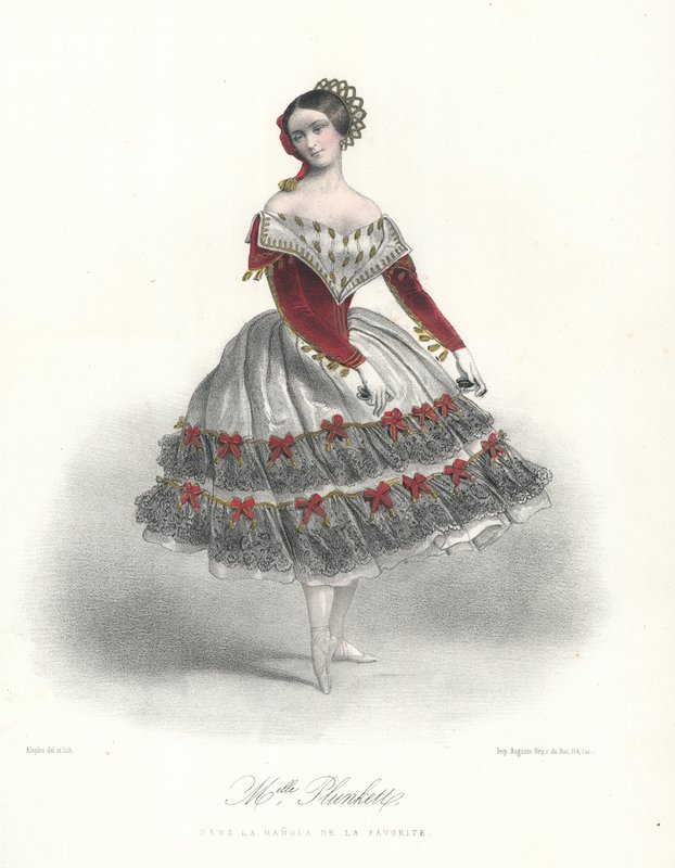 ベルギーのバレエダンサー、アデライン・プランケットの「La Manola de la Favorite」、1860年頃（カラーリトグラフ 作： マリー・アレクサンドル（後）アロフ