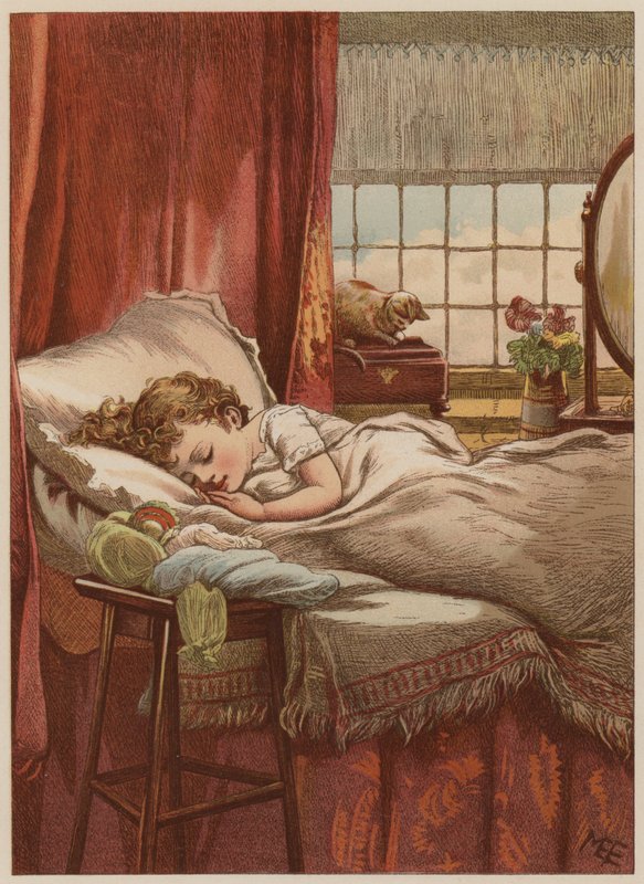 ベッドで眠っている子供（クロモリト） 作： メアリー・エレン・エドワーズ