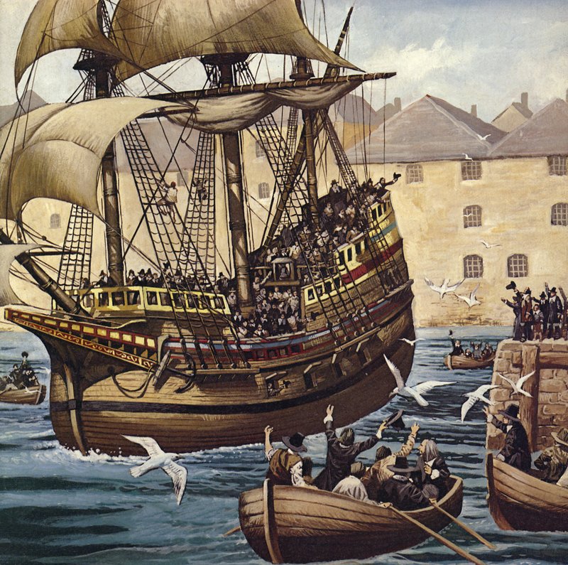 ウェストワード・ホー1620年9月16日、プリマス・ホーを離れるメイフラワー号（カラーリトグラフ） 作： マイク (20 世紀) ホワイト