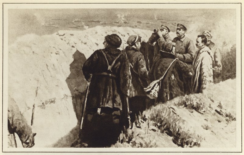 1918年のロシア内戦、ツァリツィンの塹壕でのボルシェビキ司令官ジョセフスターリンとクリメントボロシロフ 作： ミトロファン・ボリソヴィッチ・グレコフ
