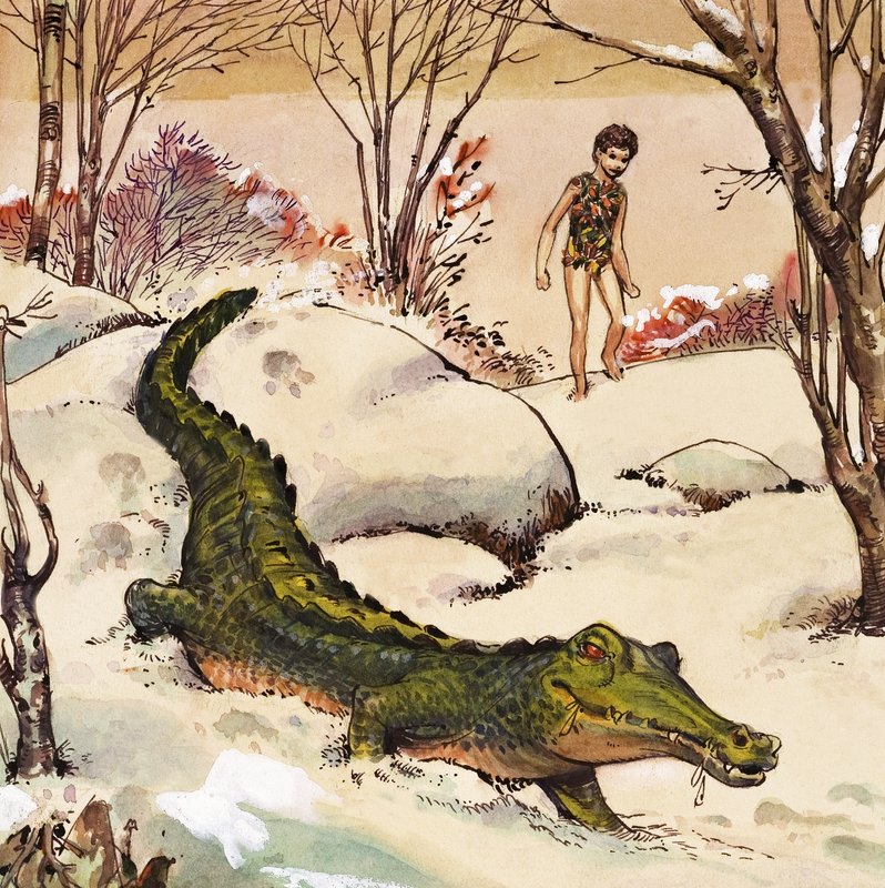 ピーターがワニを追う、J.M.バリの「ピーター・パン」より（紙にガッシュ画） 作： ナディール・クイント