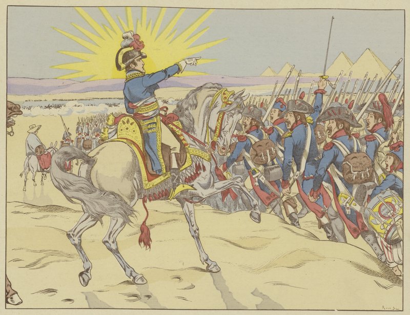 1798年7月21日、エジプトのピラミッドの戦いで軍を鼓舞するナポレオン 作： オンフレ・ド・ブレヴィルの仕事